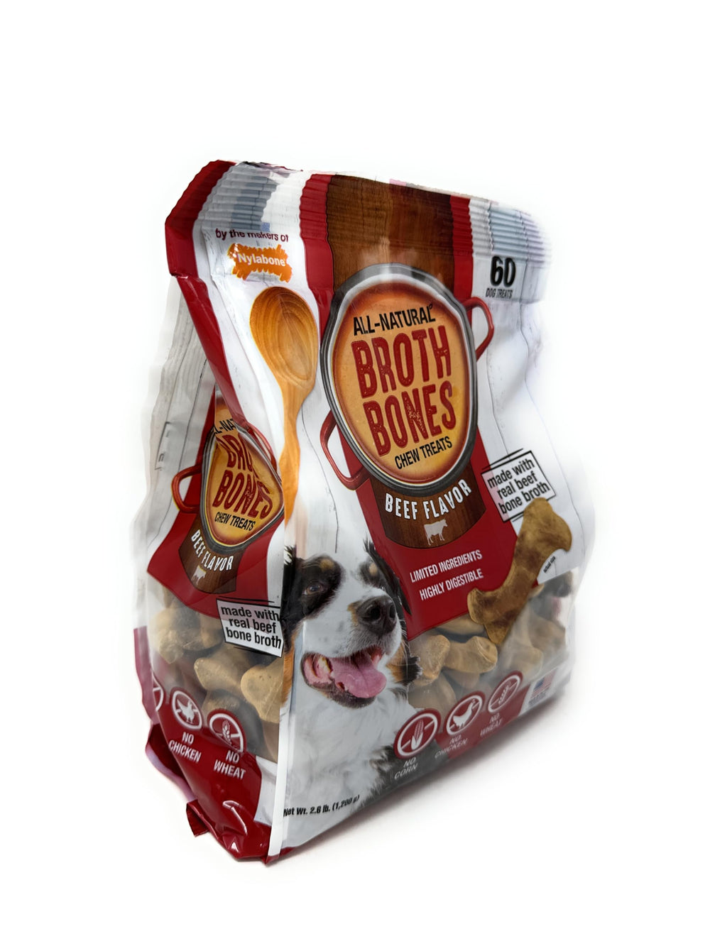 Nylabone Beef Broth Bones label details highlighting grain-free ingredients.