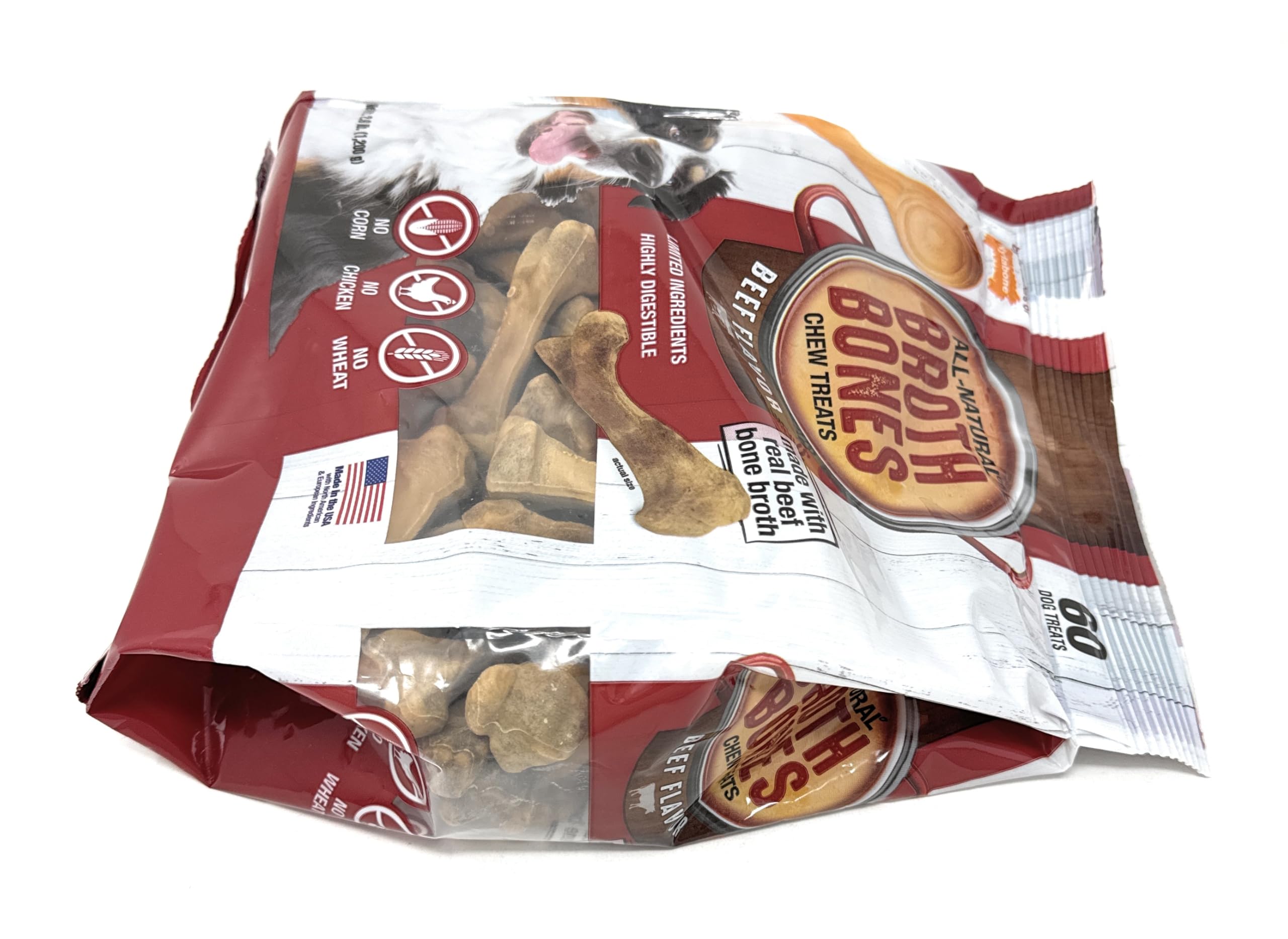 Nylabone Beef Broth Bones USA-made seal on packaging.