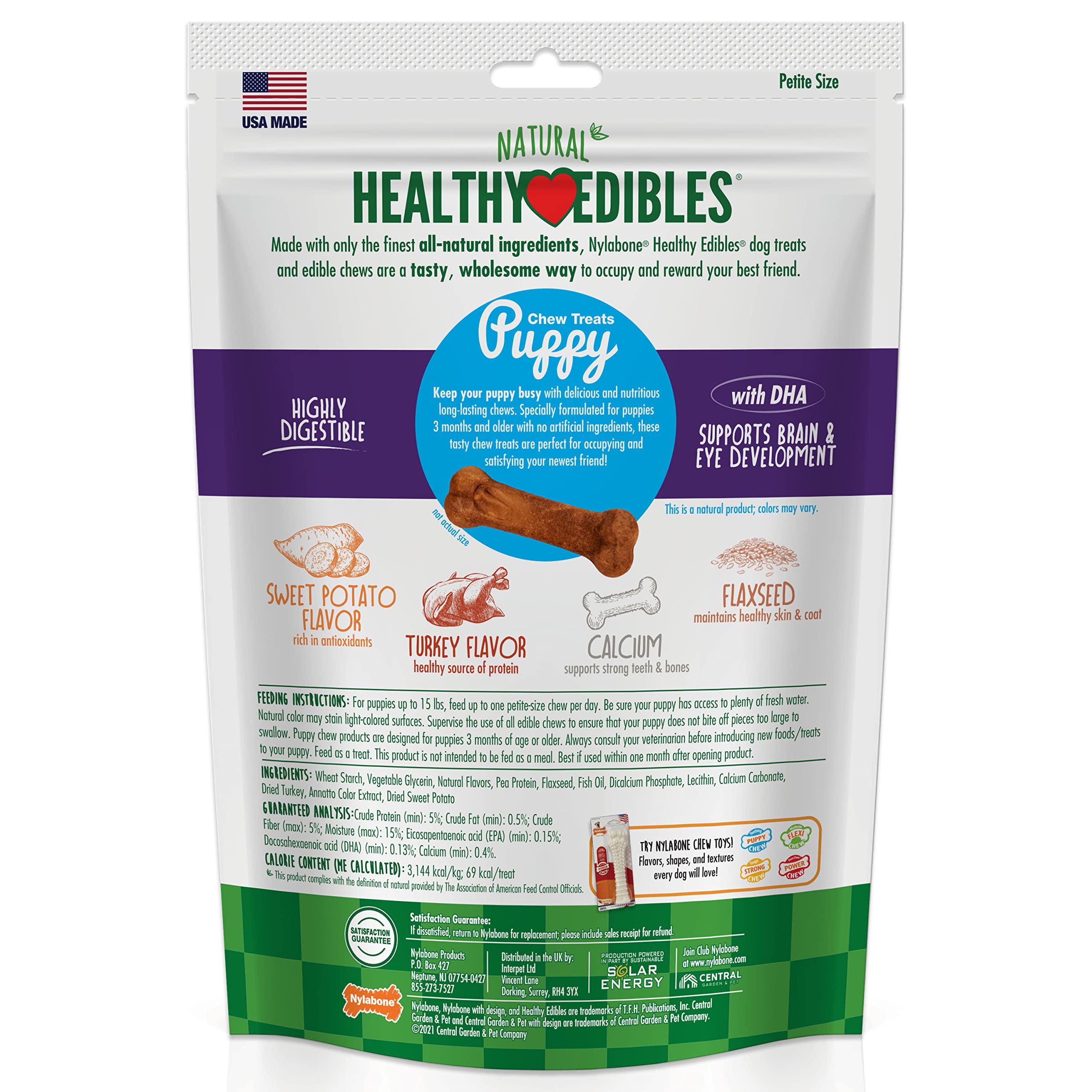 Nylabone Healthy Edibles flaxseed icon underscores skin and coat health benefits.