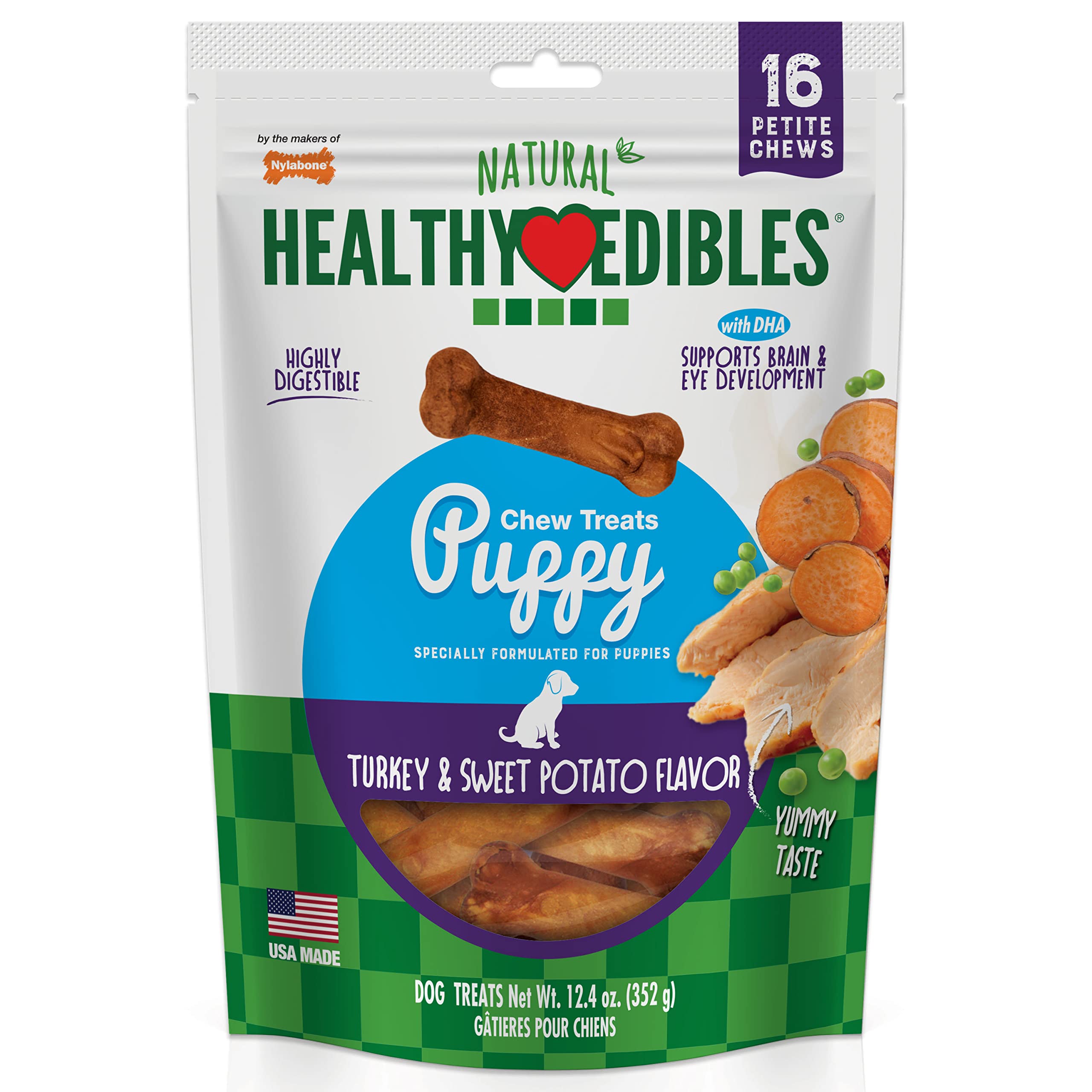 Nylabone Healthy Edibles puppy chews packaging shown for easy training rewards.