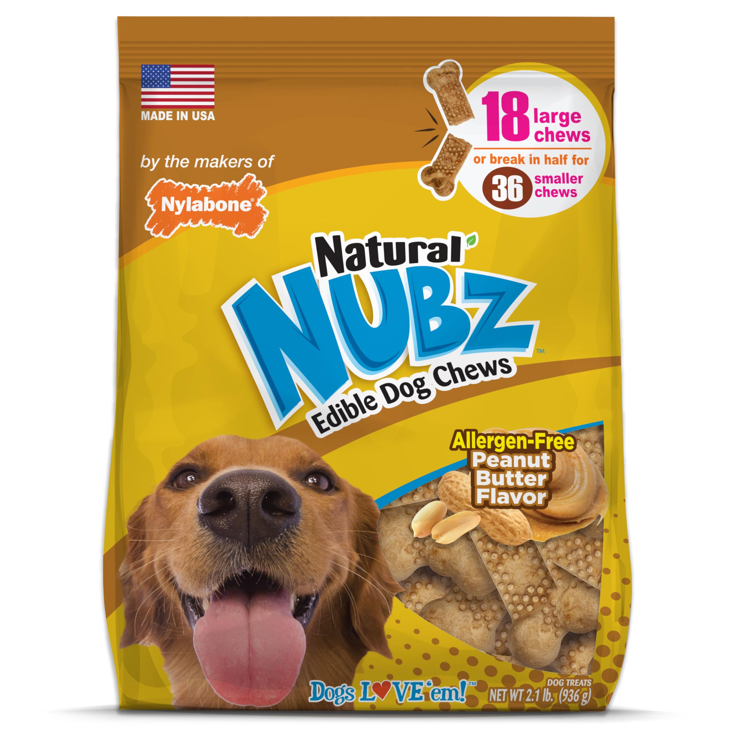 Nylabone Nubz peanut butter large-dog chew close-up showing long-lasting chewing action.