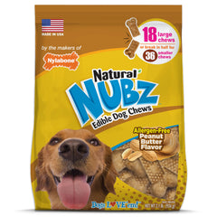 Nylabone Nubz peanut butter large-dog chew close-up showing long-lasting chewing action.