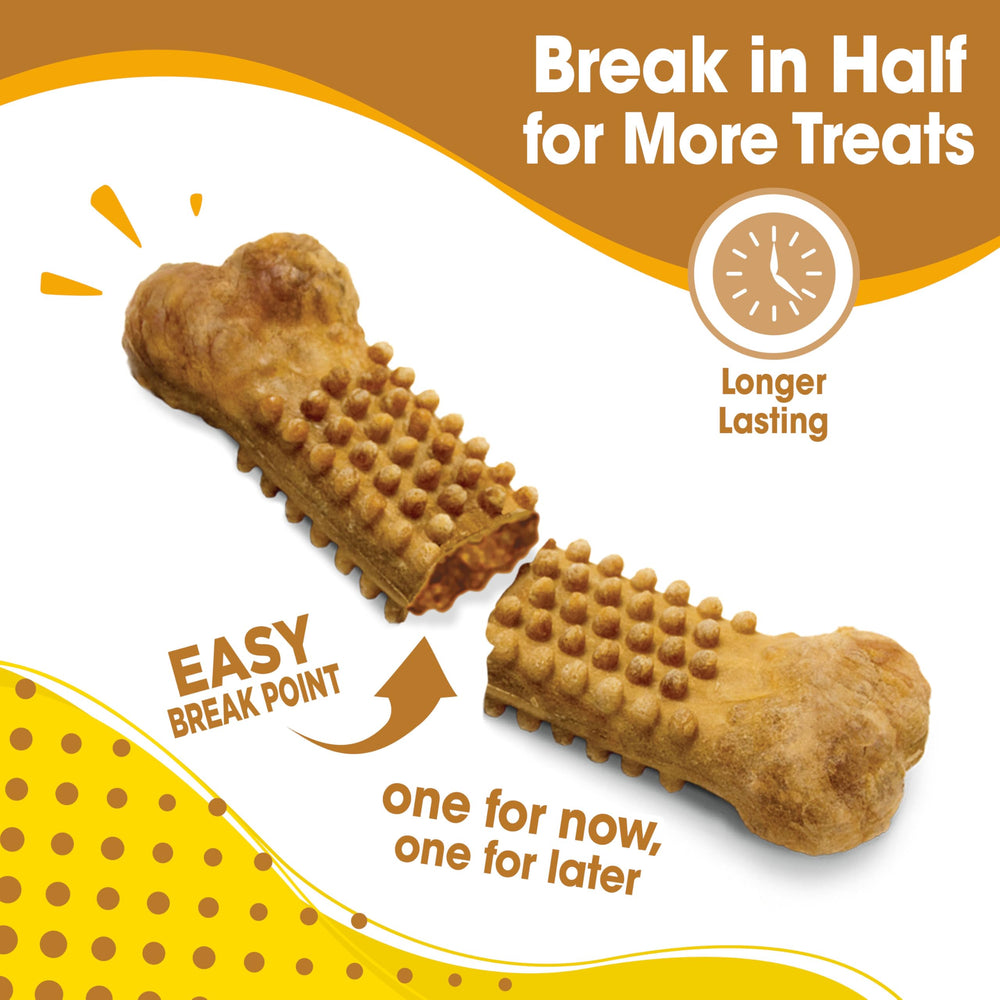Nylabone Nubz peanut butter large-dog chew texture highlights plaque-scraping capability.