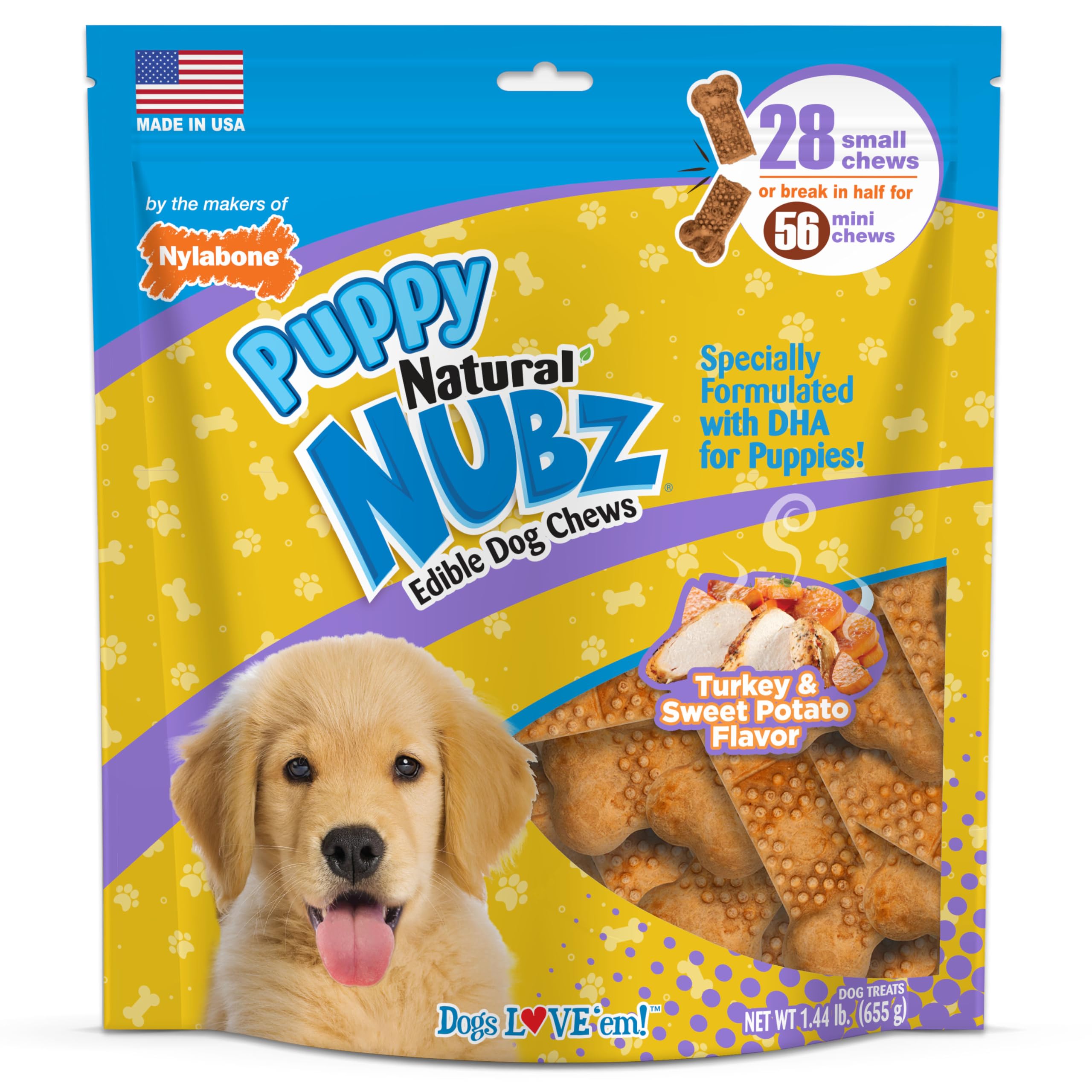 Nylabone Nubz turkey and sweet potato puppy treat, ideal training rewards.