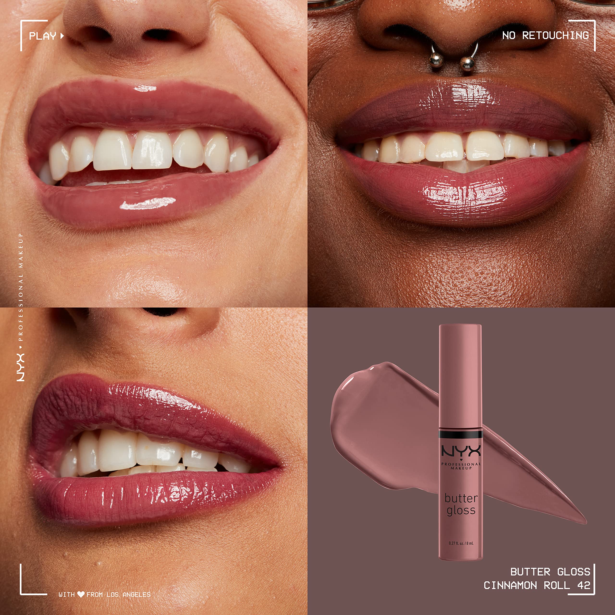 NYX Butter Gloss Cinnamon Roll non-sticky formula feels comfortable on lips