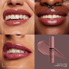 NYX Butter Gloss Cinnamon Roll non-sticky formula feels comfortable on lips