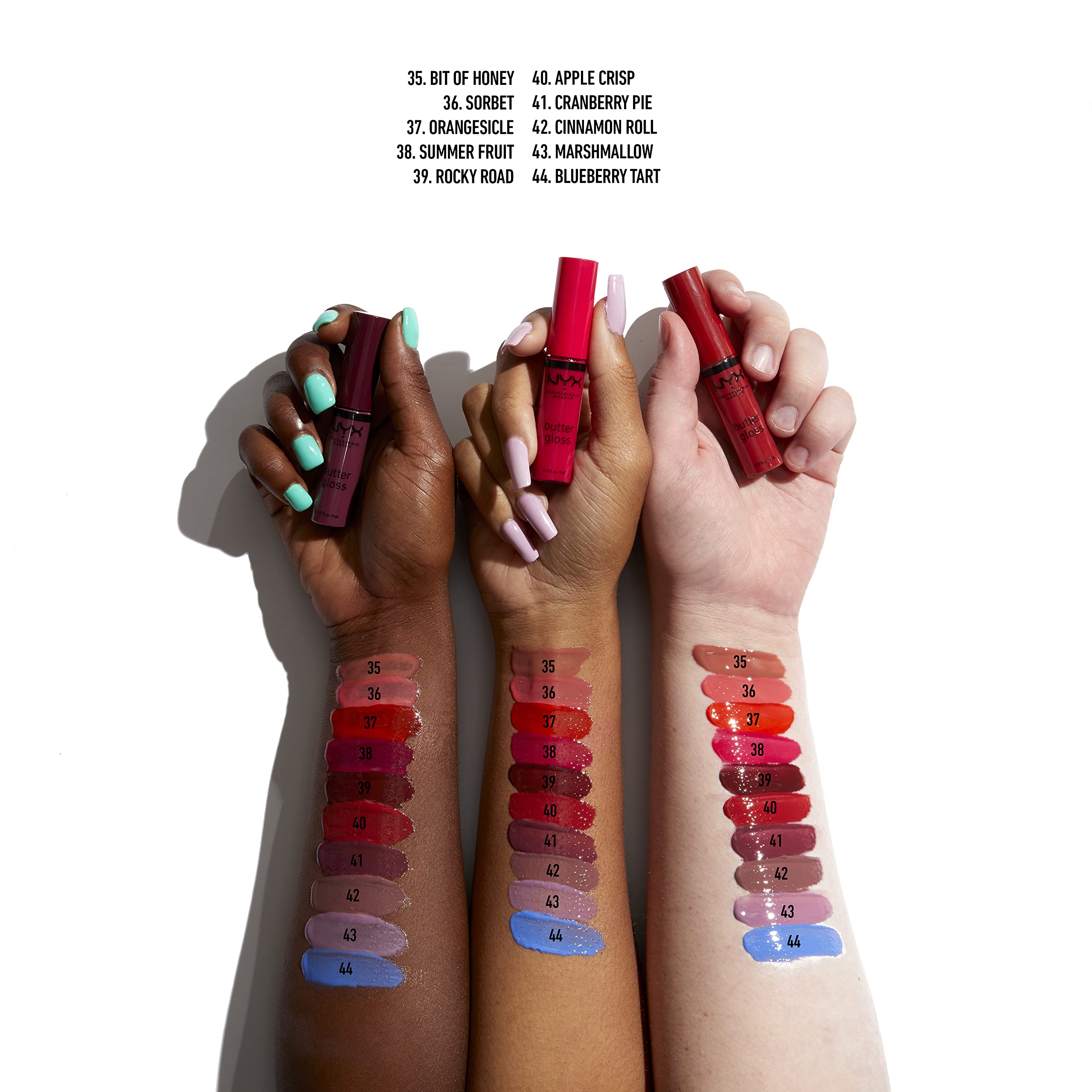 NYX Butter Gloss Cinnamon Roll over lip liner for defined color and shine