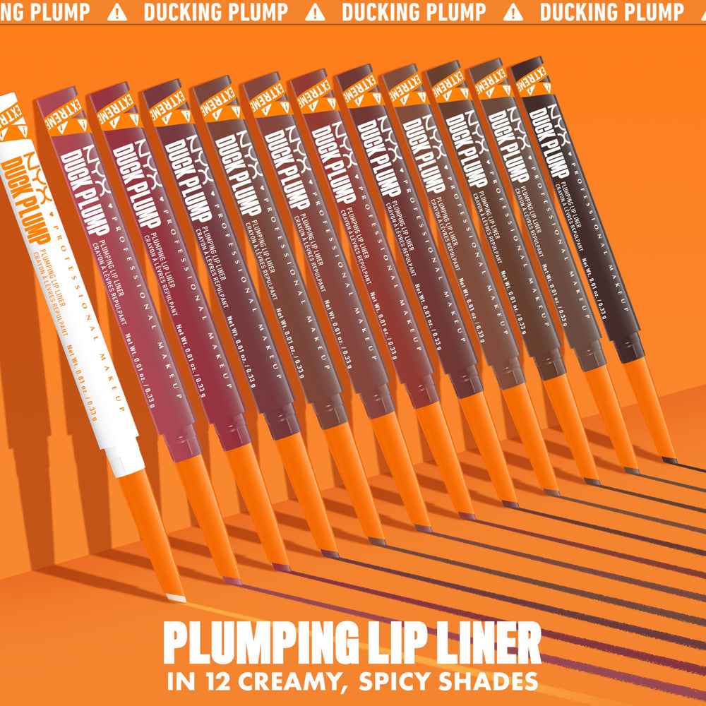Nyx Duck Plump Lip Liner matte-finish swatch on lips for definition.