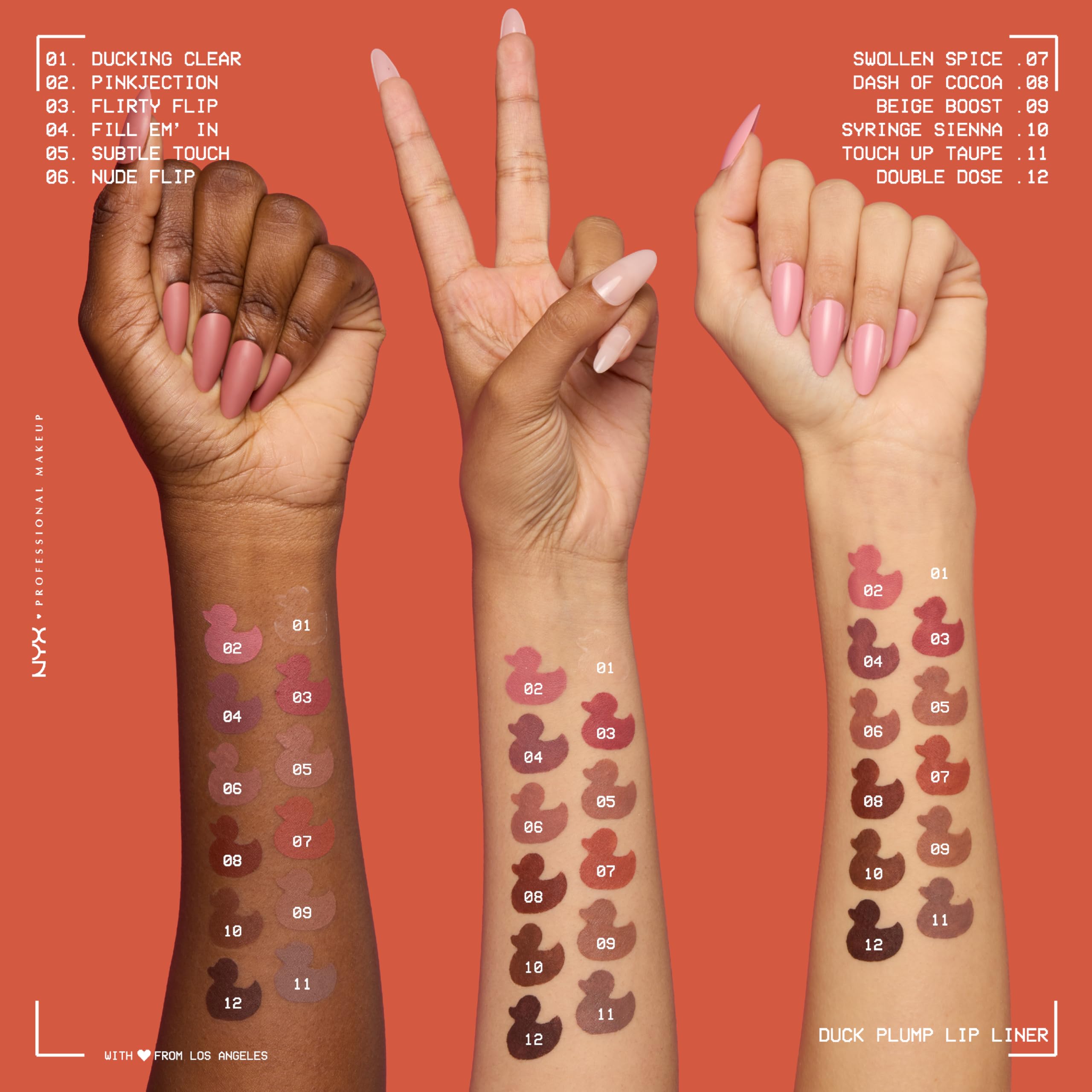 Nyx Duck Plump Lip Liner taupe swatch on lips for day-to-night versatility.