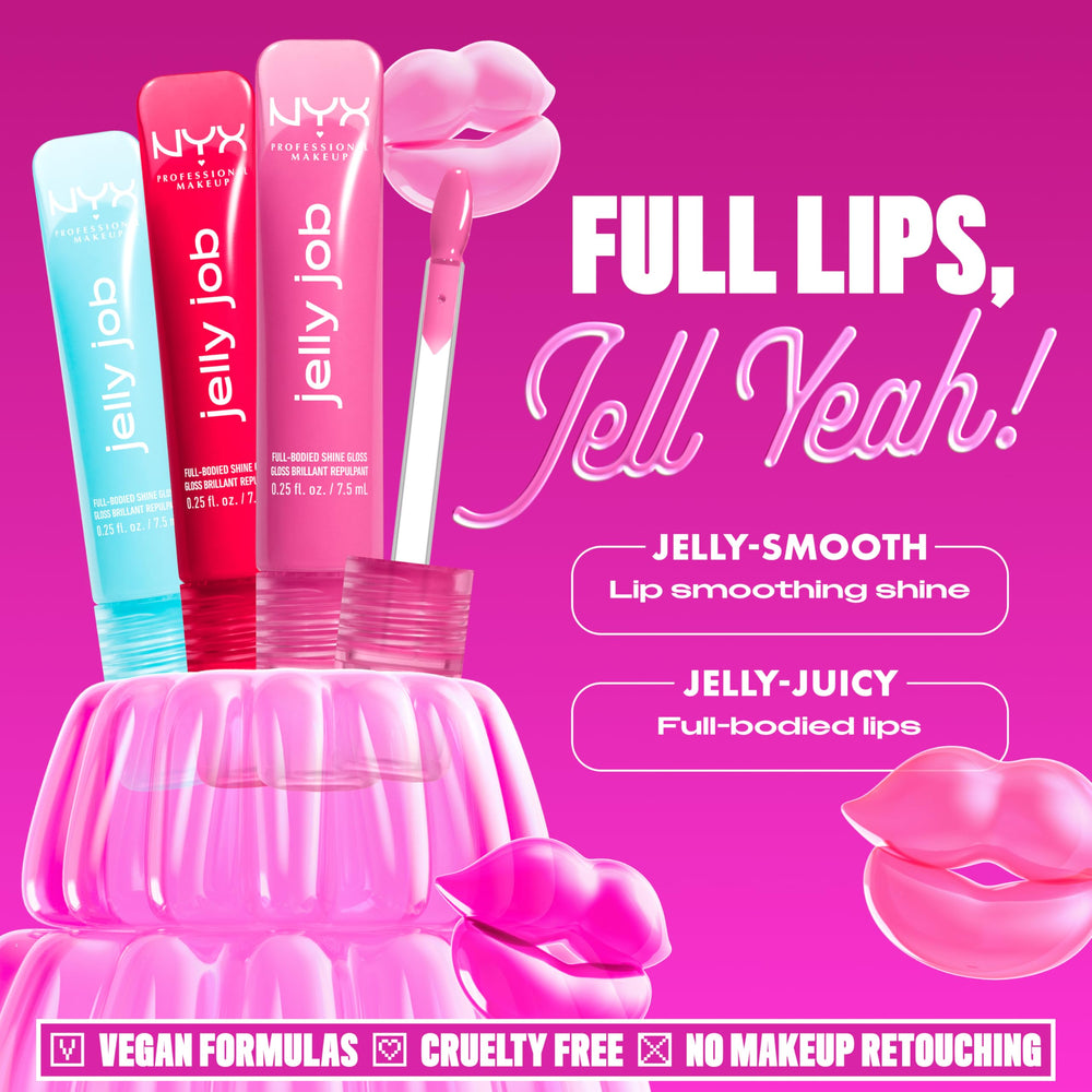 NYX Jelly Job Lip Gloss glassy finish visible for a fuller-looking smile.