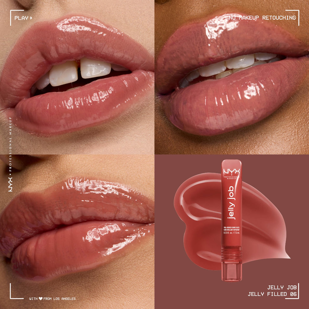 NYX Jelly Job Lip Gloss Spice Brown applicator demonstrates smooth, precise application.