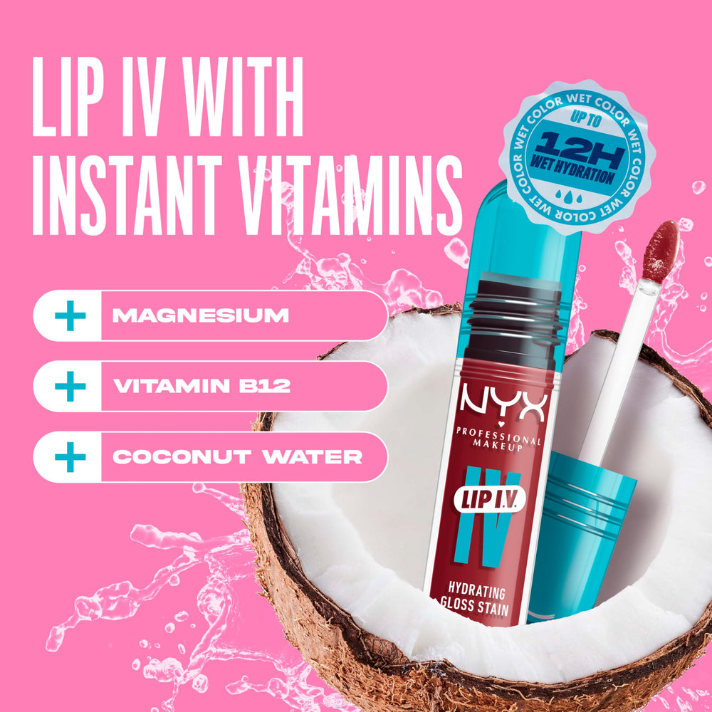 NYX Lip IV Hydrating Lip Stain bottle and glossy finish emphasize high-shine color