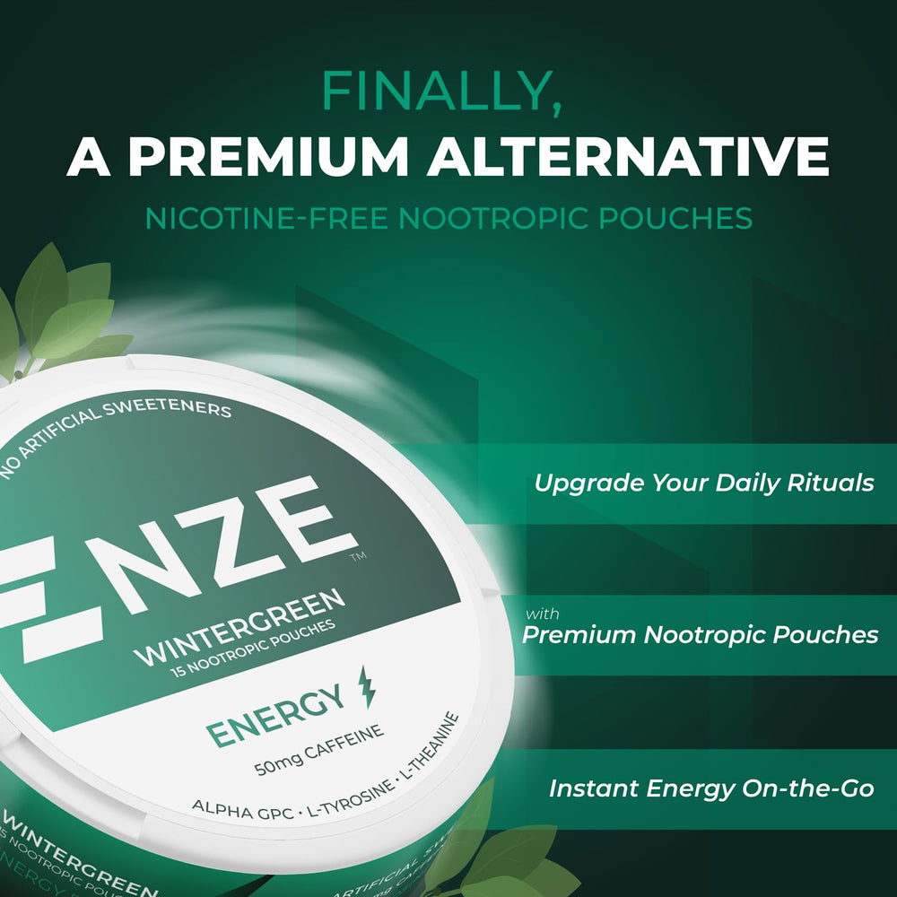 NZE Caffeine Nootropic Pouches Wintergreen can back highlighting 50 mg caffeine and no sugar