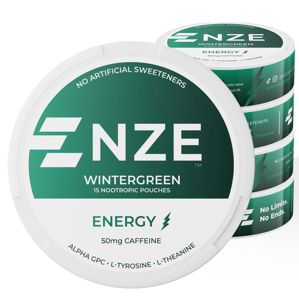 NZE Caffeine Nootropic Pouches Wintergreen can front for quick energy