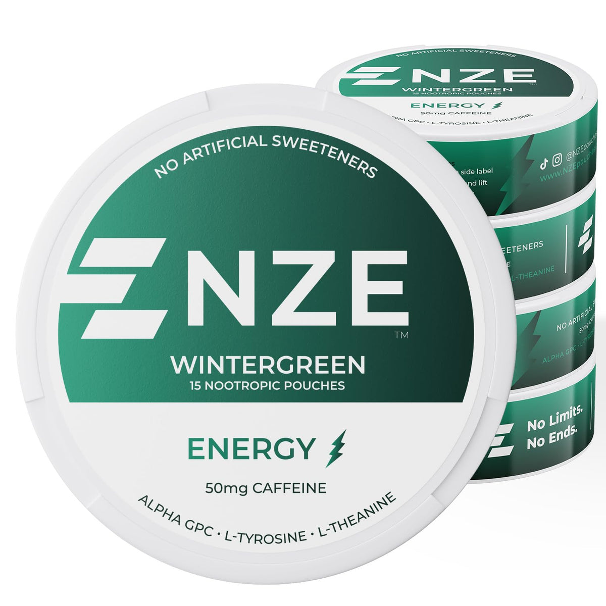 NZE Caffeine Nootropic Pouches Wintergreen can front for quick energy