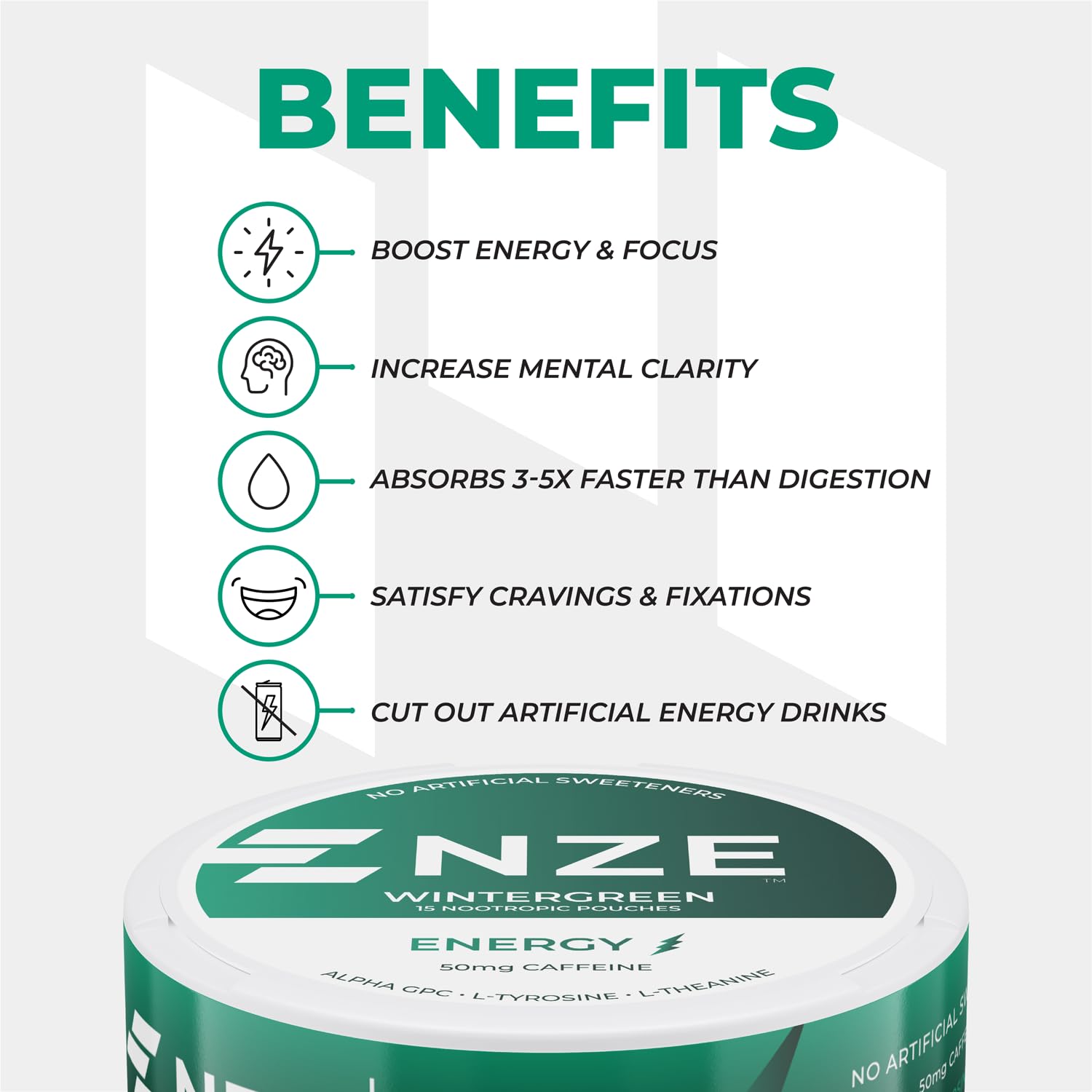 NZE Caffeine Nootropic Pouches Wintergreen packaging set on shelf
