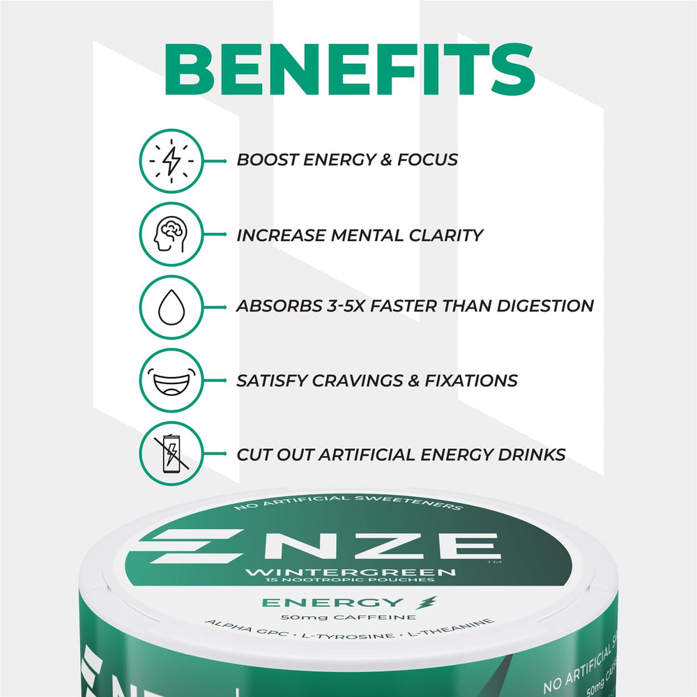NZE Caffeine Nootropic Pouches Wintergreen packaging set on shelf