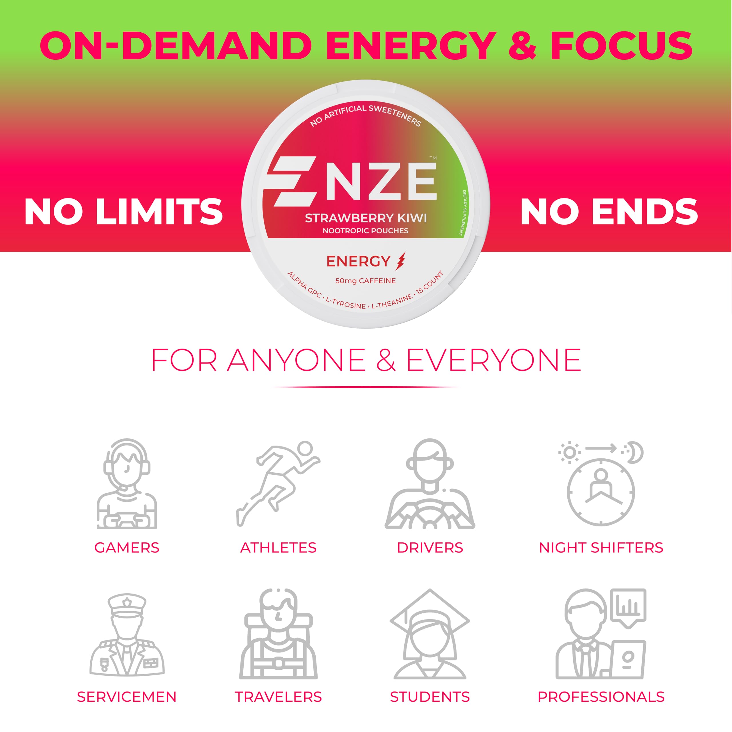 NZE pouches with ingredients icons row, sugar-free with monk fruit, stevia, xylitol.