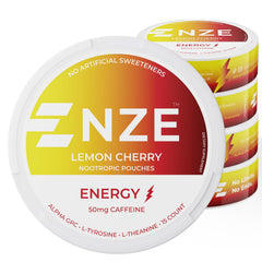 NZE Caffeine Nootropic Pouches Lemon Cherry can closeup showing premium energy delivery