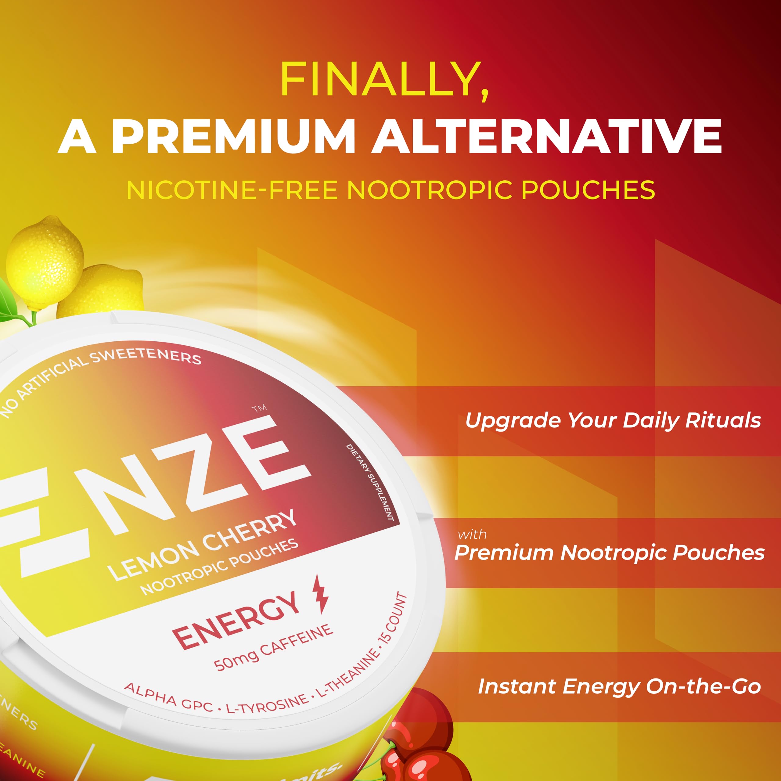 NZE Lemon Cherry pouch packaging front highlighting nootropic ingredients