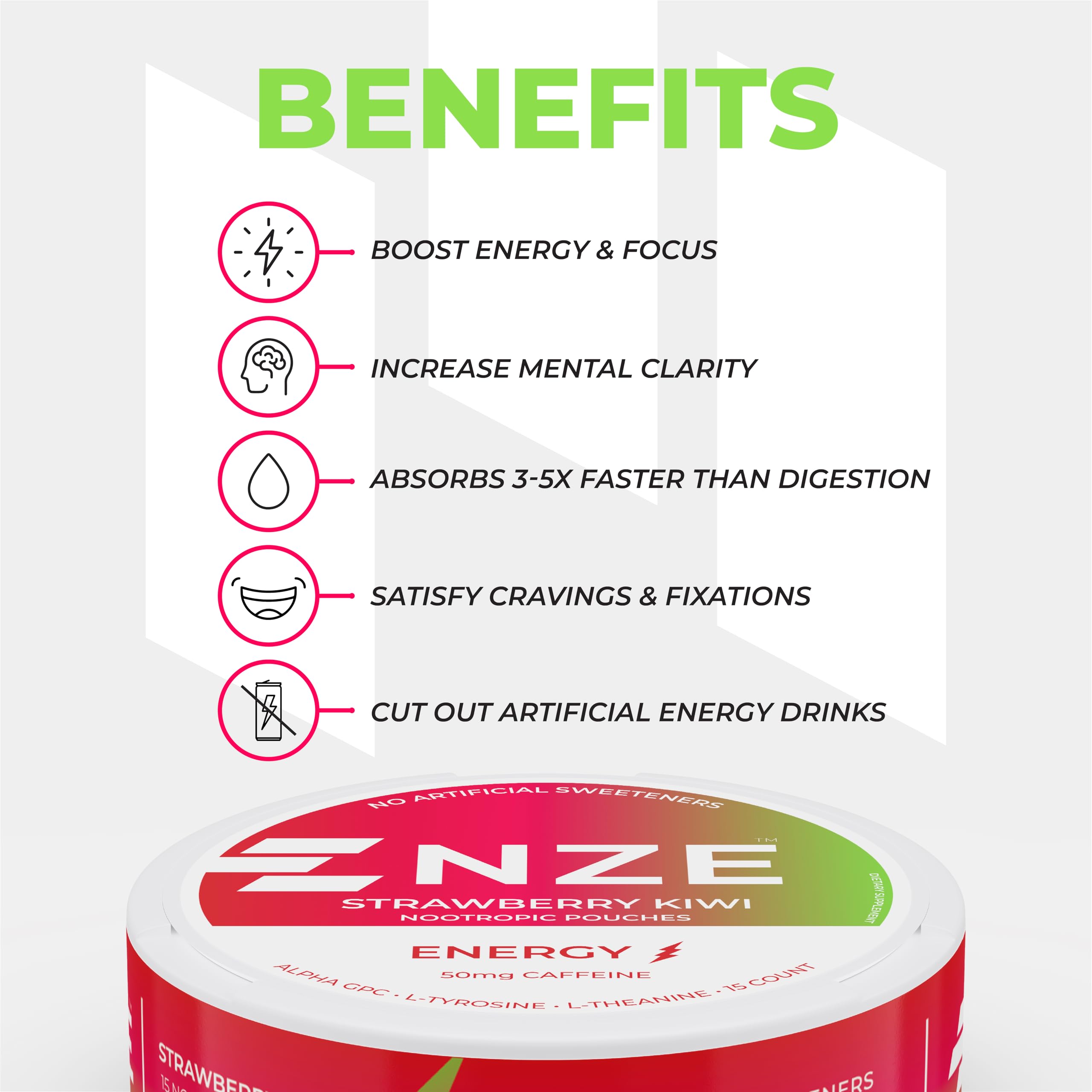 Display of NZE pouches packaging, USA-made quality and premium ingredients.