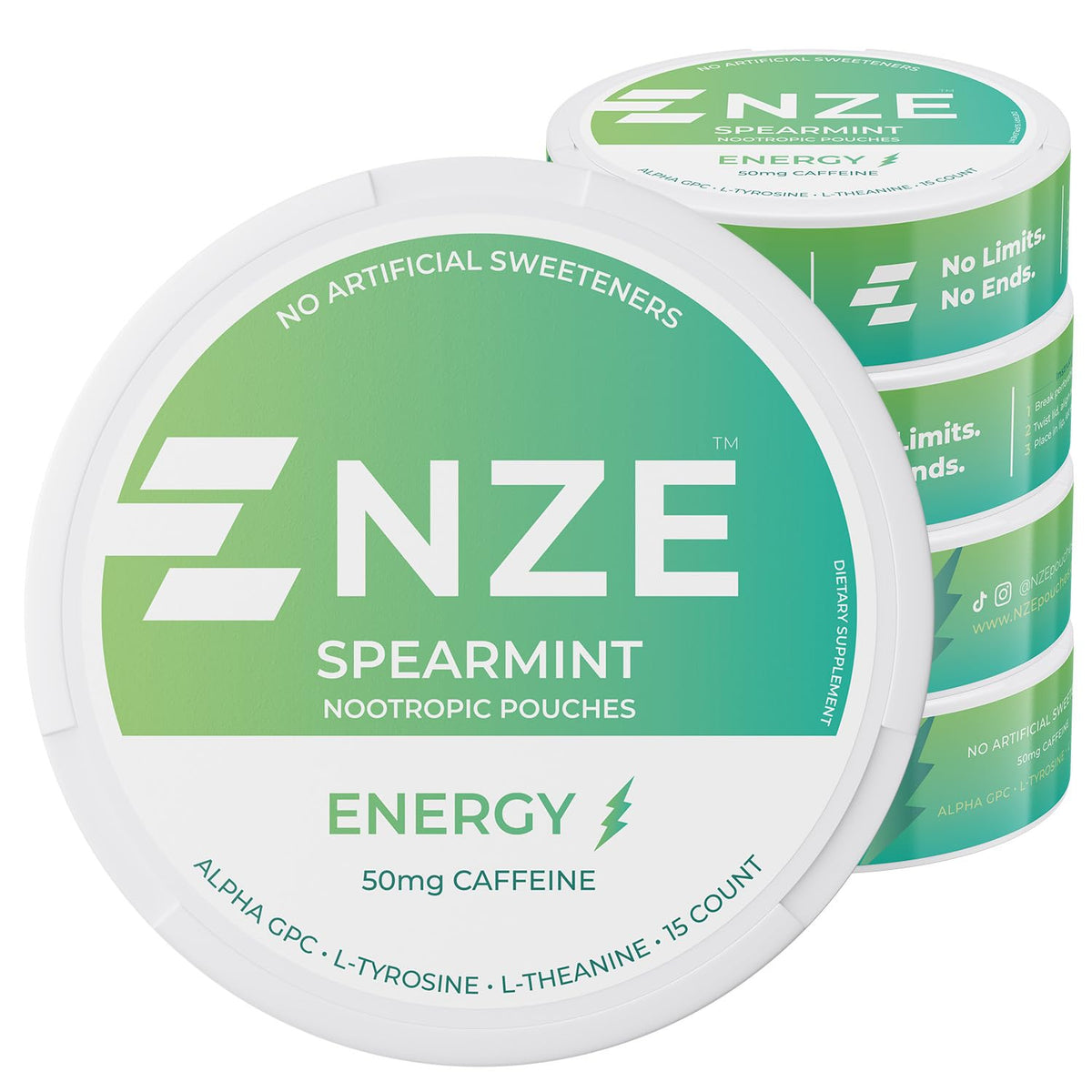 NZE Caffeine Nootropic Pouches spearmint can close-up for a quick energy boost on the go