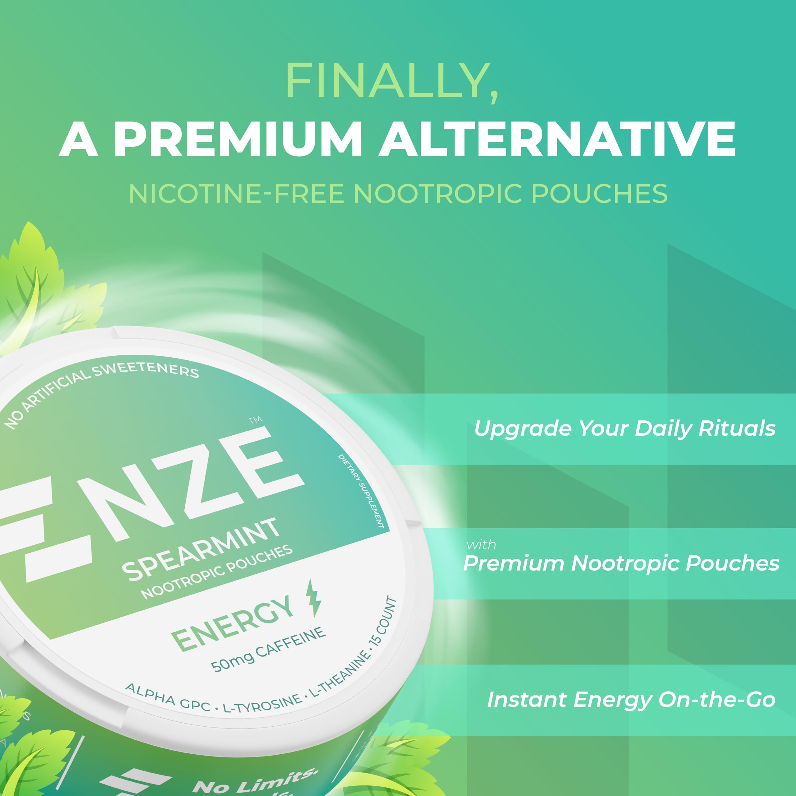 NZE Caffeine Nootropic Pouches spearmint pack front for convenient daily use