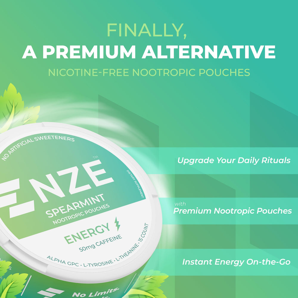 NZE Caffeine Nootropic Pouches spearmint pack front for convenient daily use