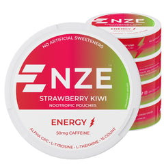 NZE Caffeine Nootropic pouches can front, strawberry kiwi flavor boosts focused energy.