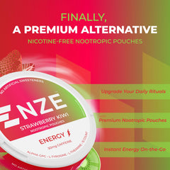 NZE Caffeine Nootropic pouches can side view, strawberry kiwi flavor for quick energy.