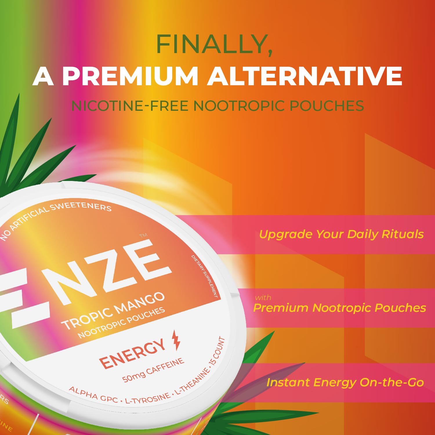 NZE Tropic Mango can back highlights 50mg caffeine and quick focus