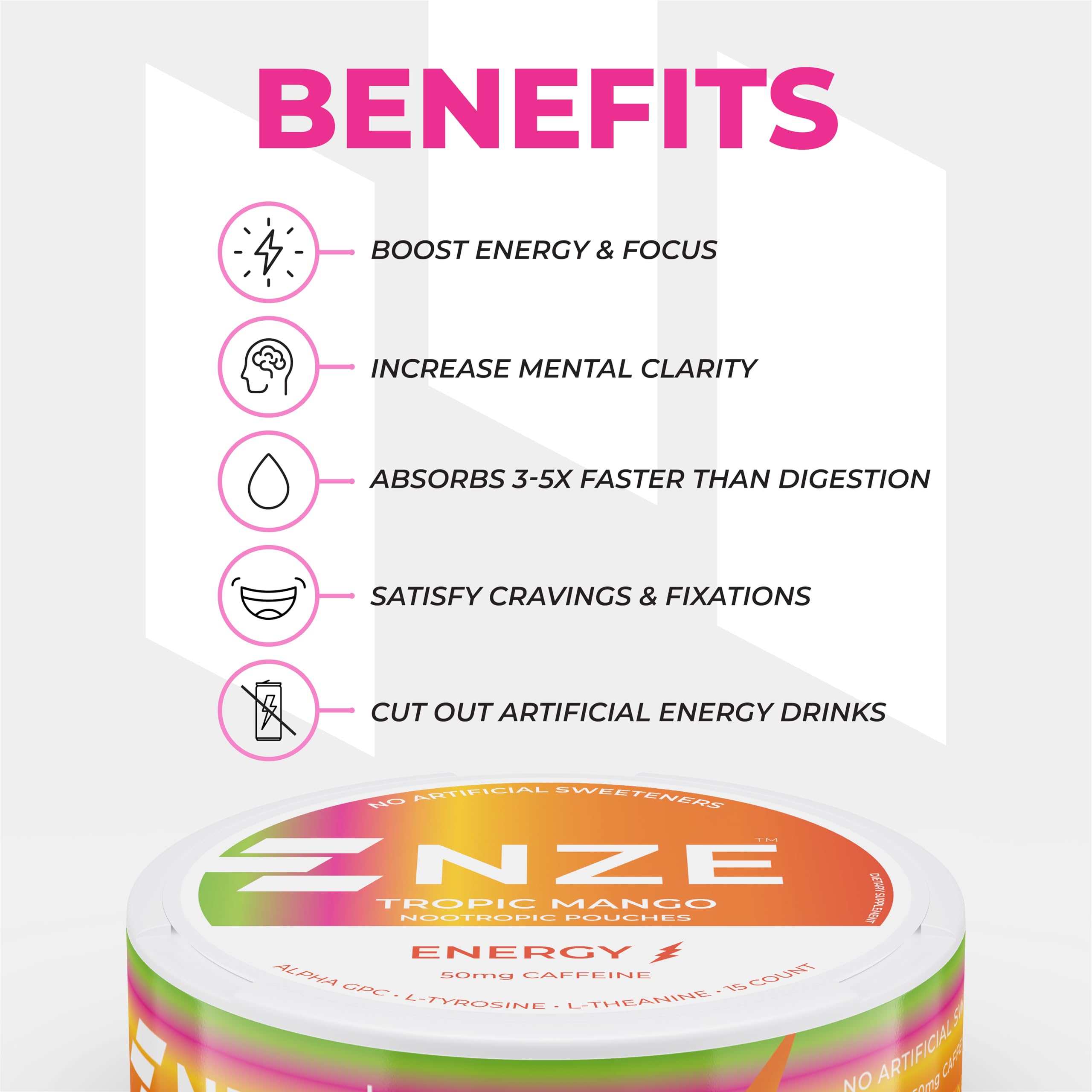 NZE Caffeine Nootropic Pouches Tropic Mango label graphic with natural sweeteners