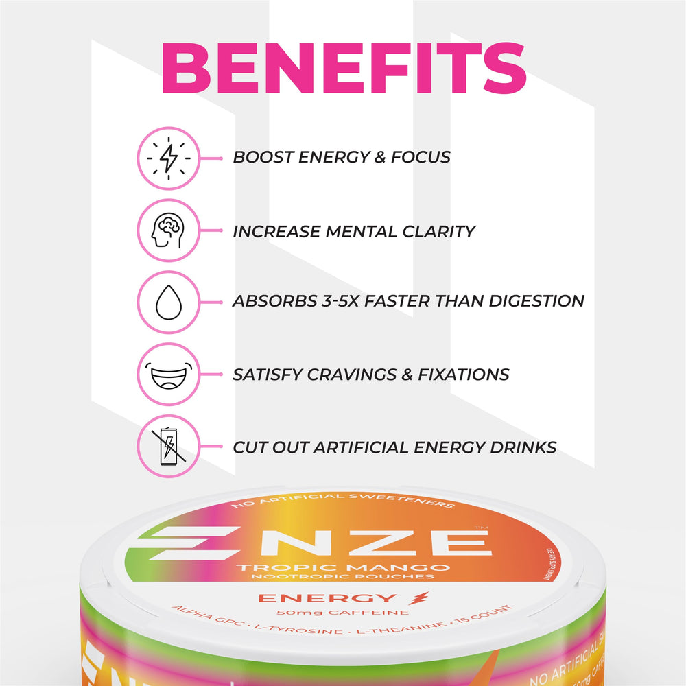 NZE Caffeine Nootropic Pouches Tropic Mango label graphic with natural sweeteners