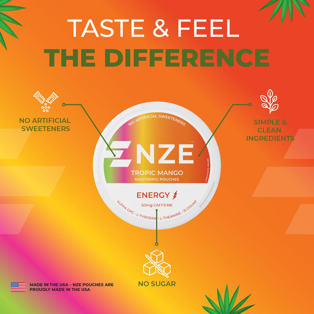 NZE Tropic Mango usage-scene showing quick energy ritual on the go