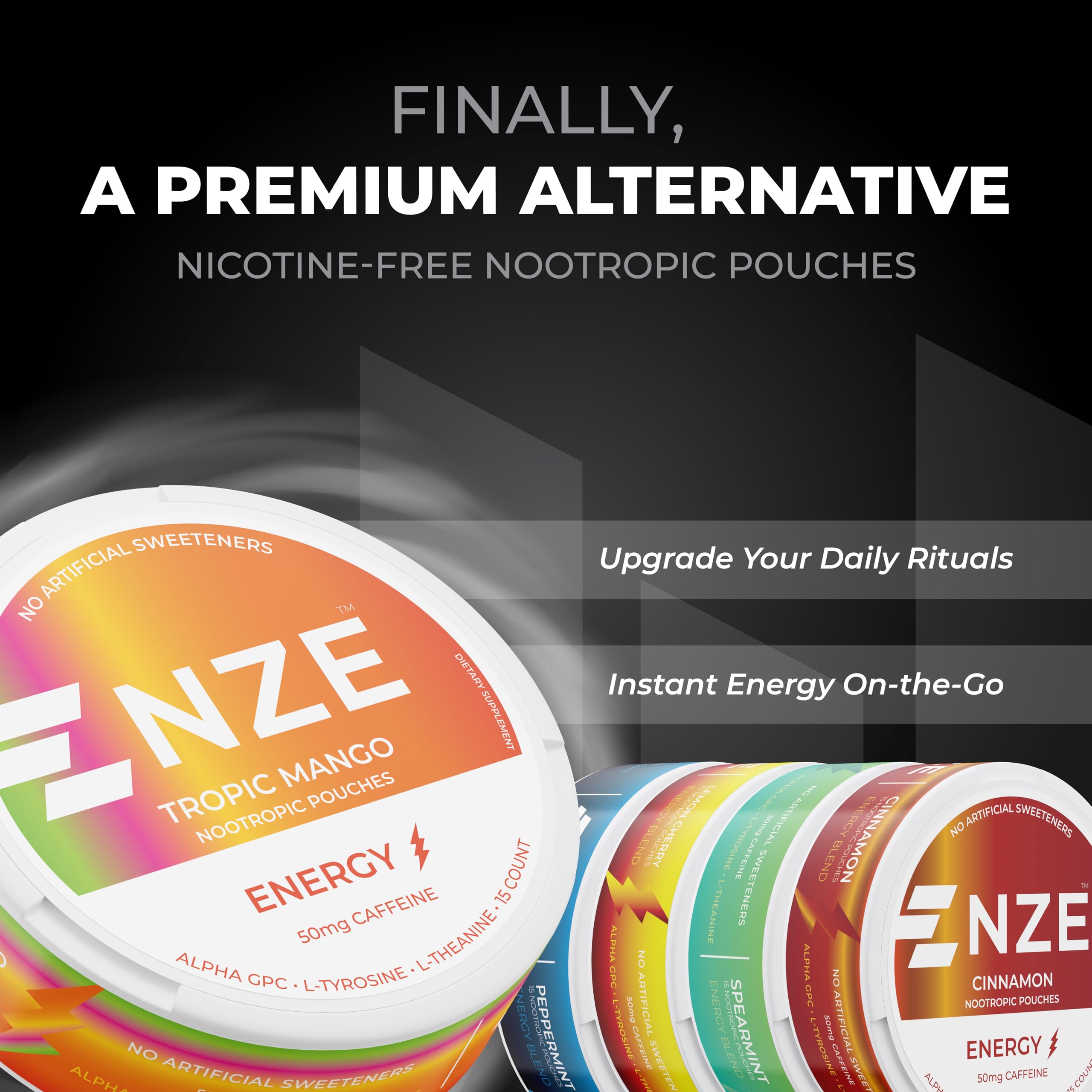 NZE Caffeine Nootropic pouches arranged to show portability and convenience