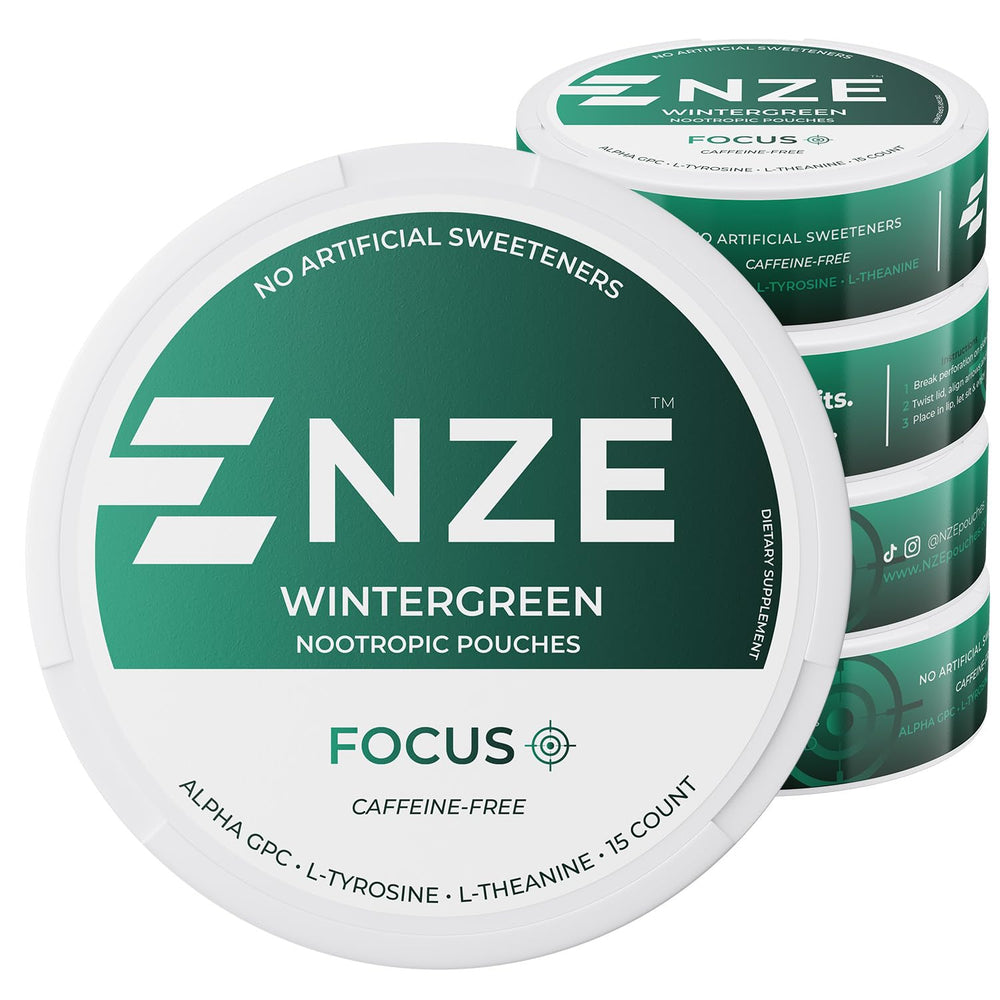 NZE Wintergreen caffeine-free nootropic pouches can front view for focused, caffeine-free support