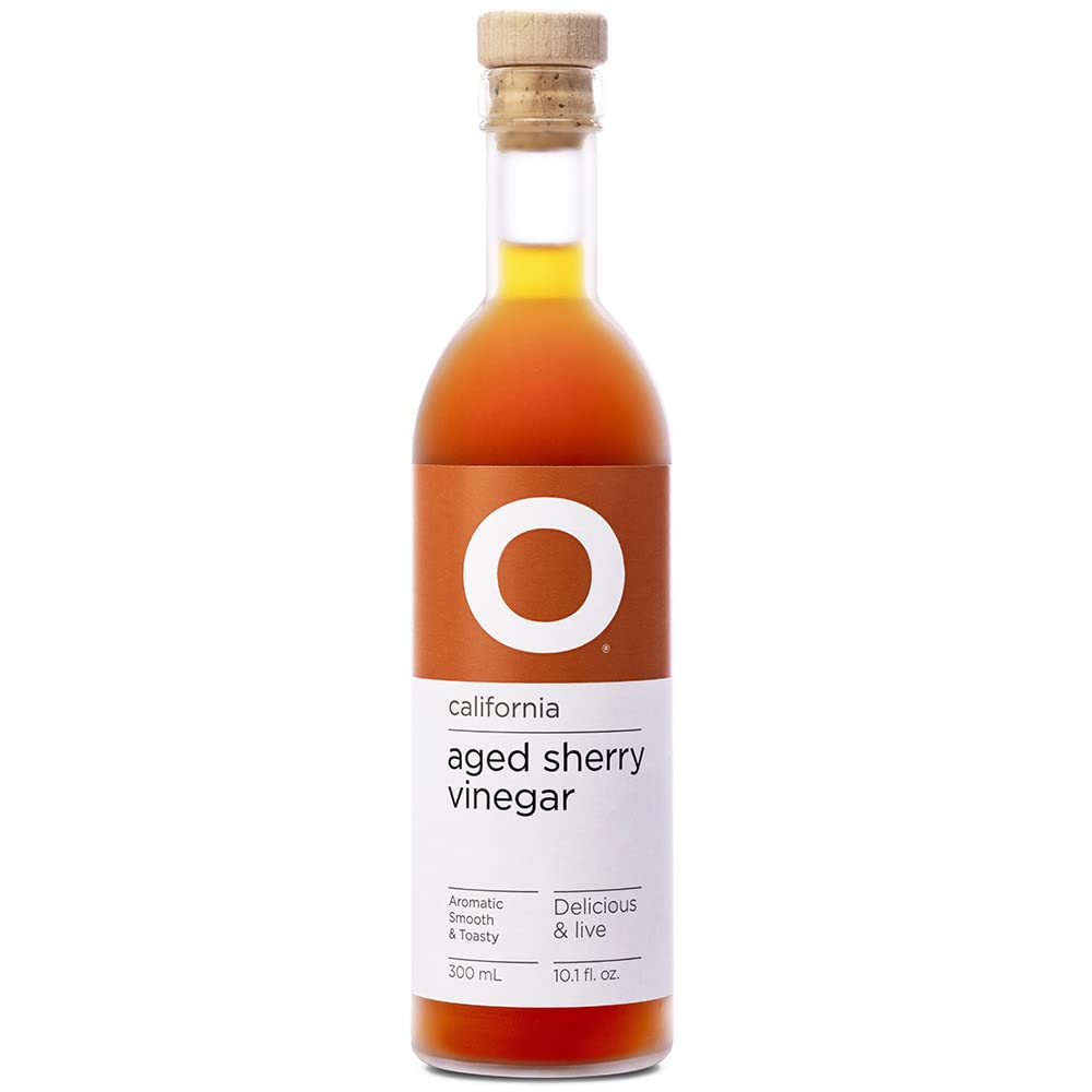 O Olive Oil aged sherry vinegar bottle pour highlights rich almond and apricot notes