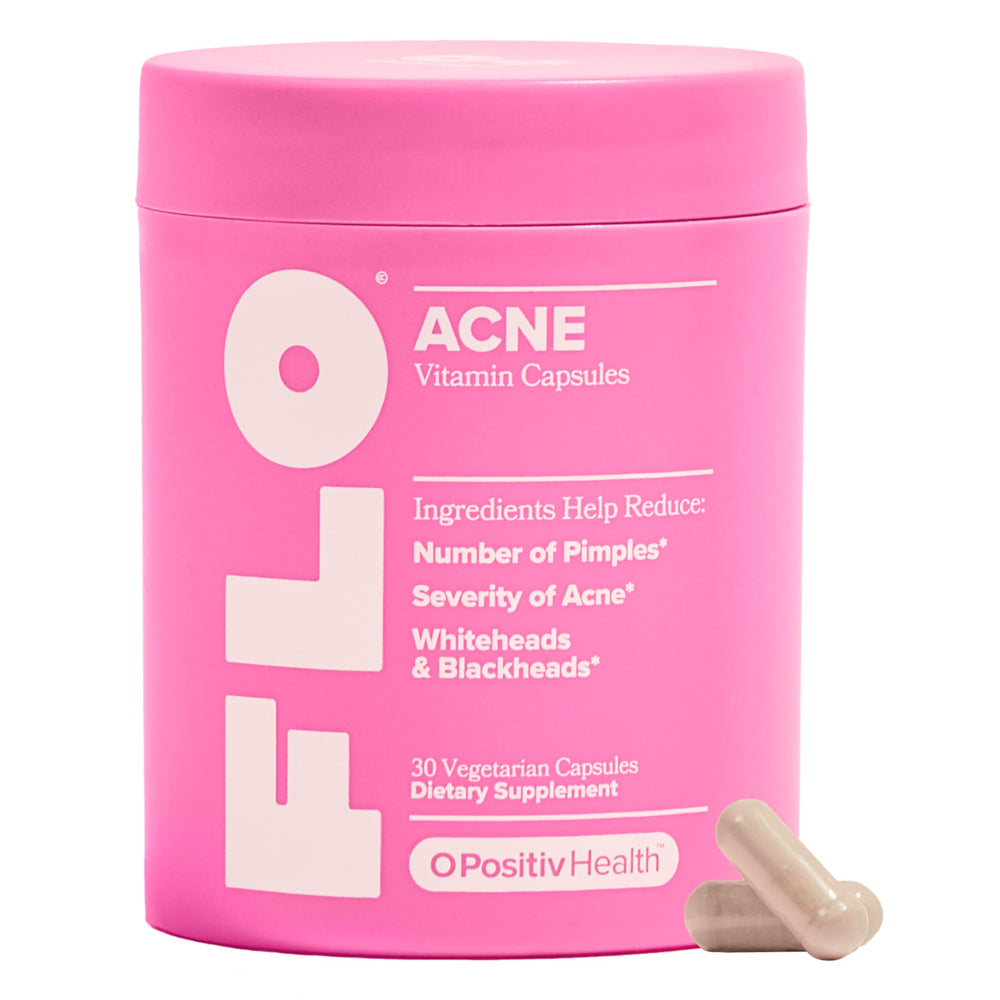 O Positiv FLO Acne Capsules bottle front for daily use toward clearer skin.