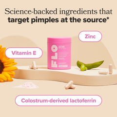 O Positiv FLO Acne ingredients card highlights lactoferrin for bacteria balance.