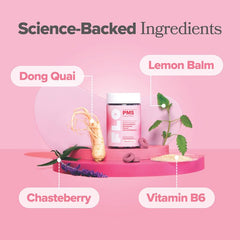 O Positiv FLO PMS Gummies label detail: vegan, gluten-free, non-GMO ingredients.