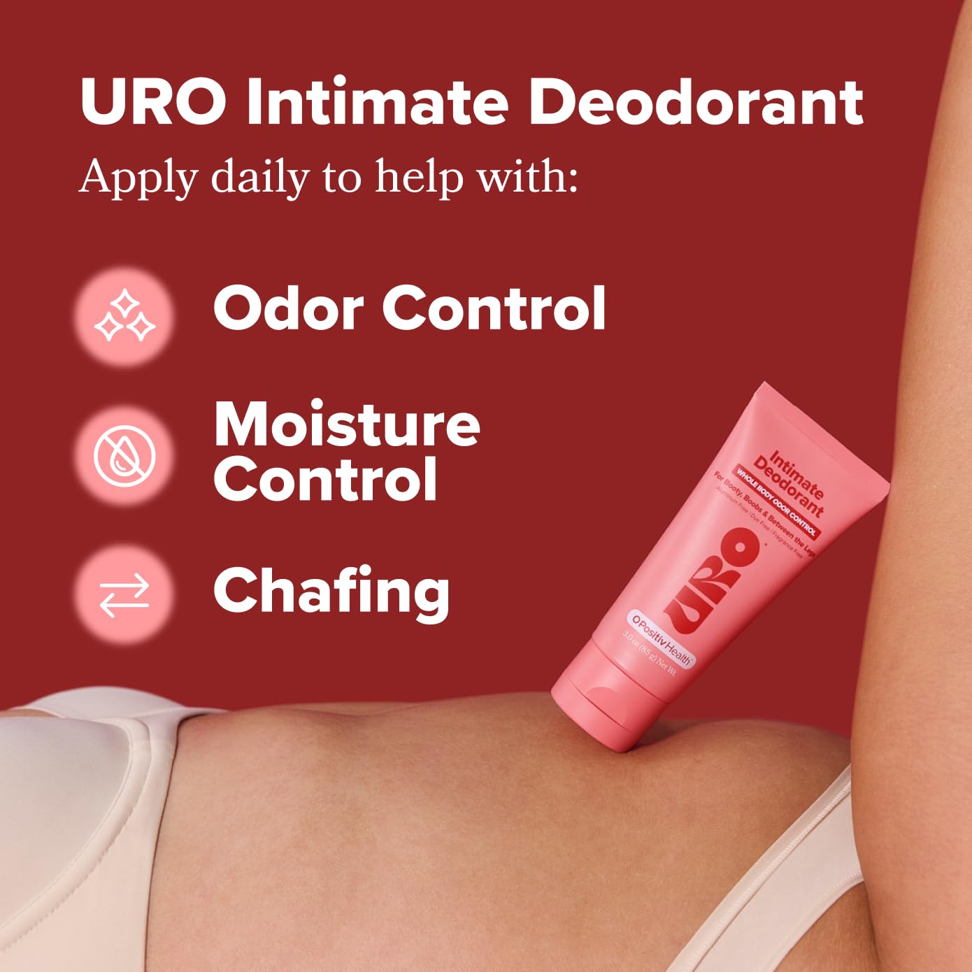 Front view of O Positiv URO intimate deodorant cream packaging