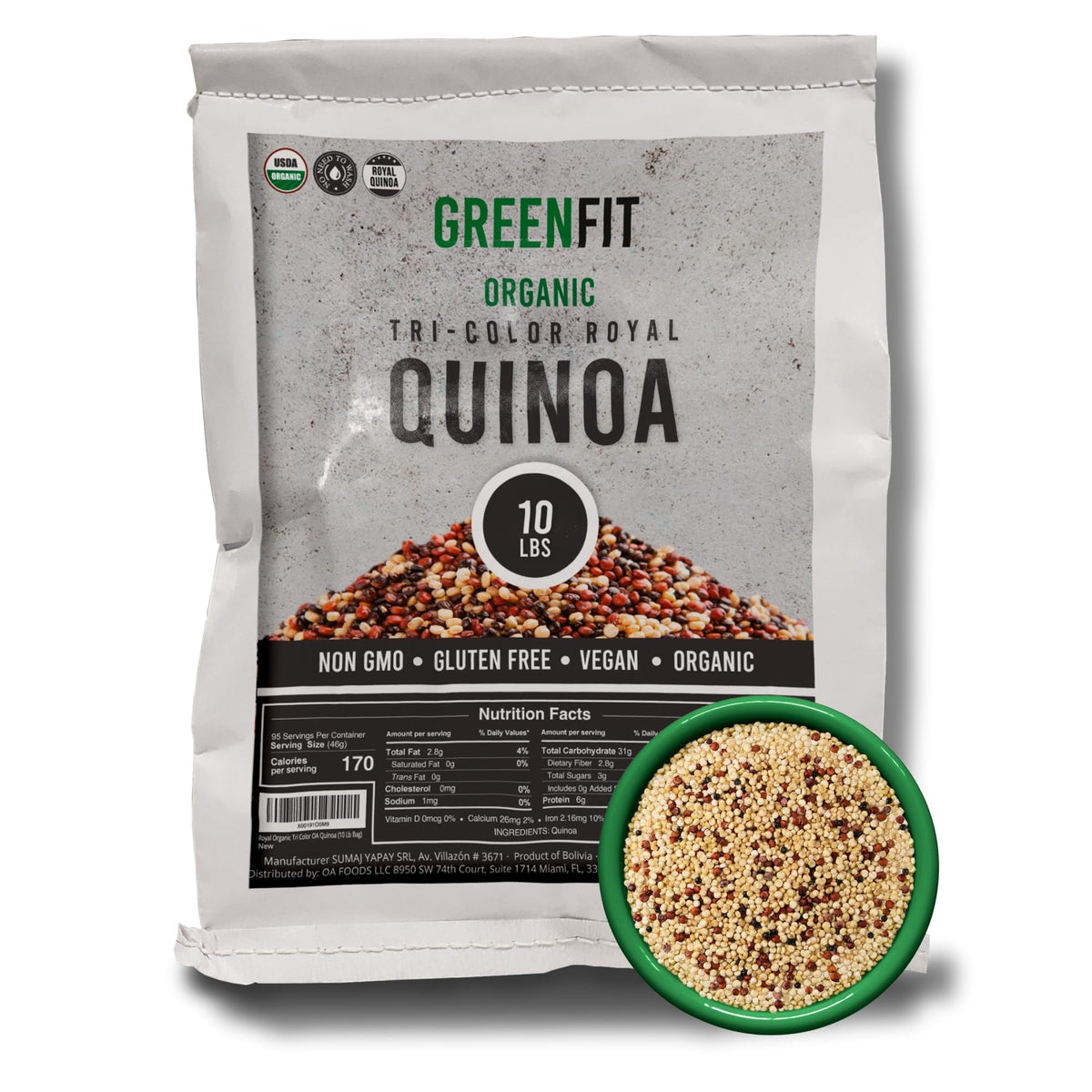 OA QUINOA Greenfit Royal Quinoa packfront shows premium organic grains for nutritious daily meals.