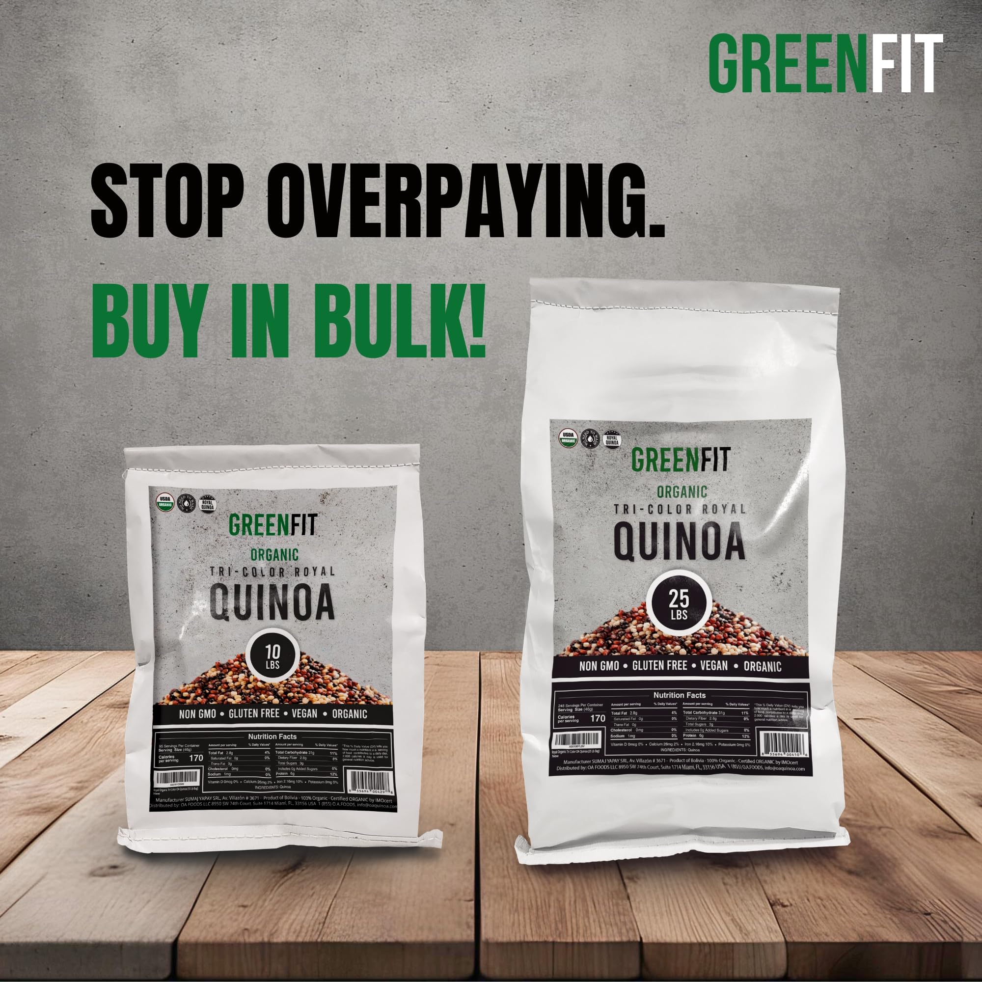 OA QUINOA Royal Quinoa grains closeup highlights 33% larger kernels and premium texture.