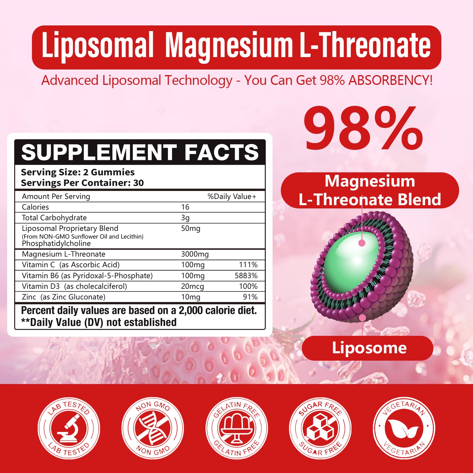 Oakevlp magnesium threonate gummies close-up highlighting strawberry flavor and chewable convenience.