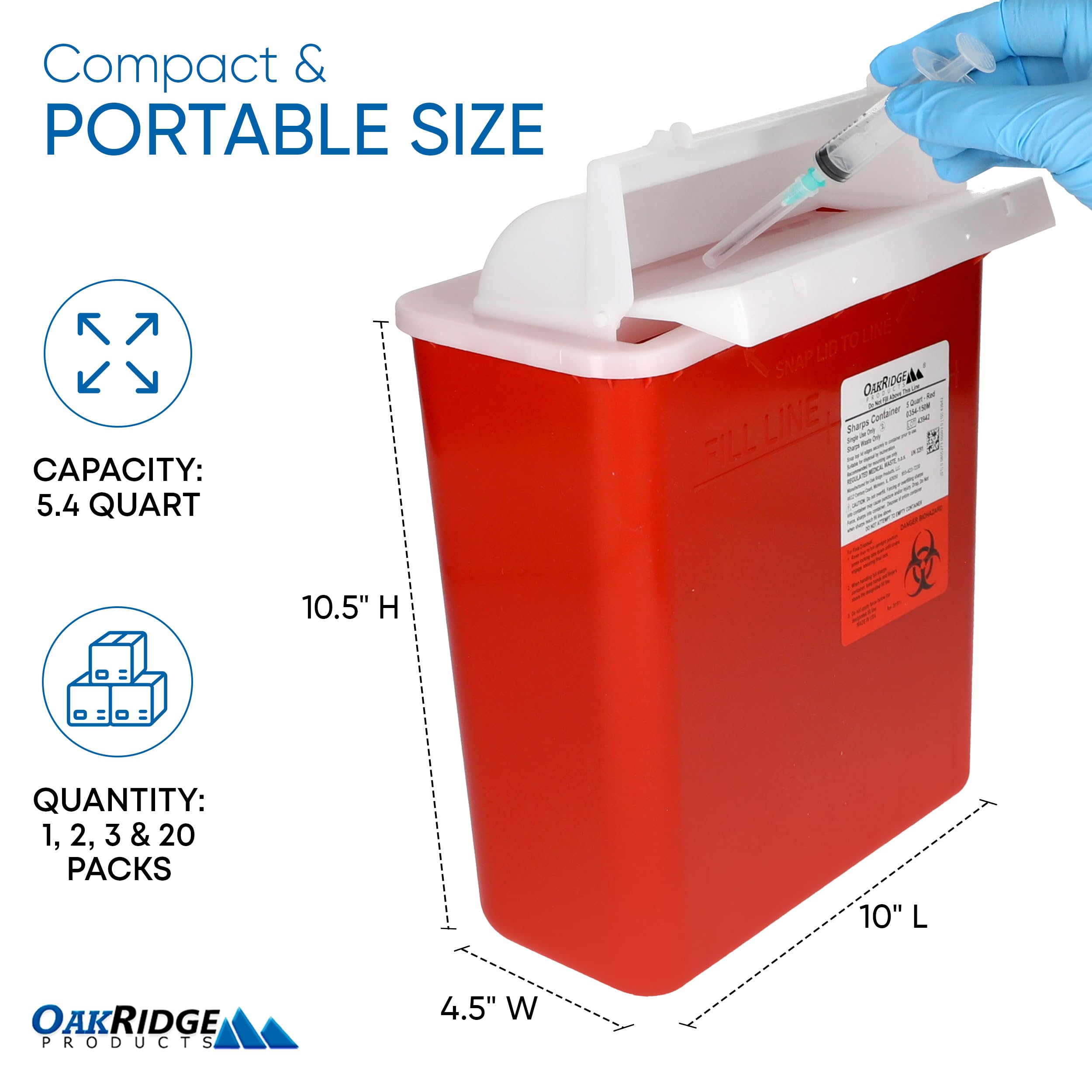 Oakridge sharps container front view with mailbox-style lid