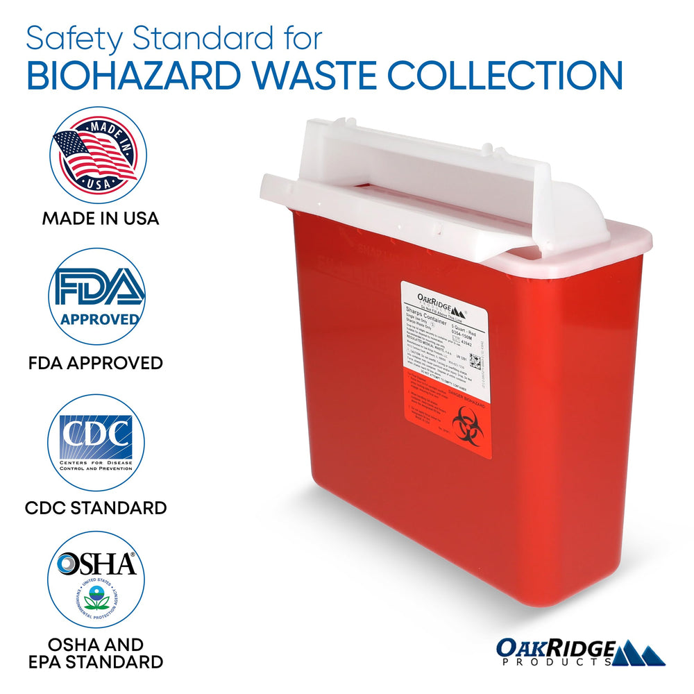 USA-made Oakridge sharps container, CDC certified and puncture resistant