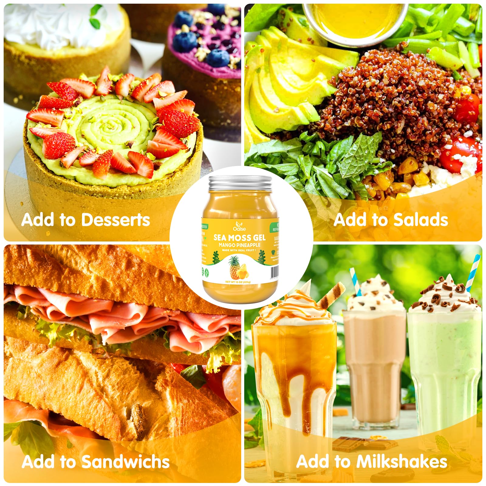 OALSE Sea Moss Gel mango pineapple ingredients label, highlights minerals and vegan formula.