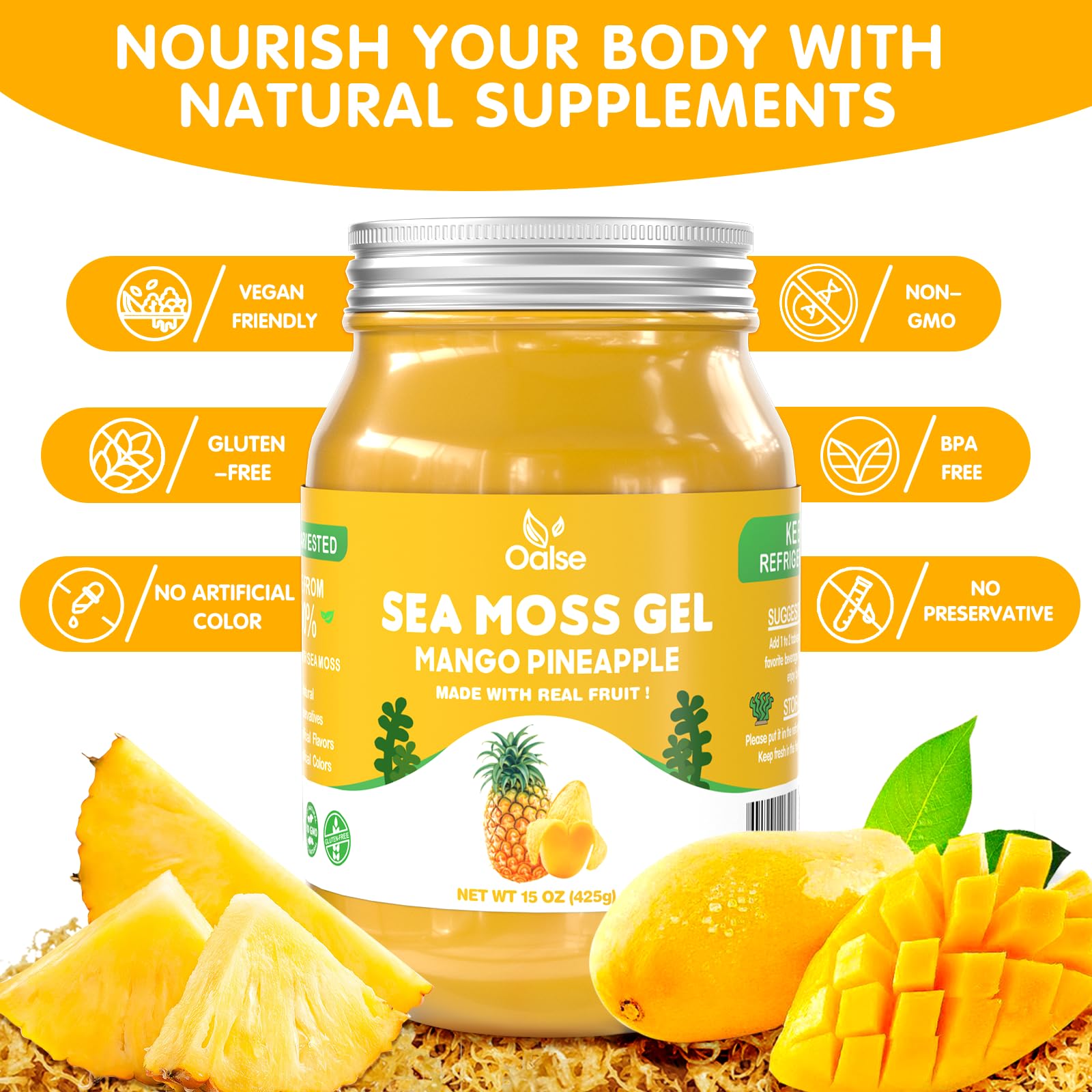 OALSE Sea Moss Gel mango pineapple mixed in bowl, ready to blend into meals.