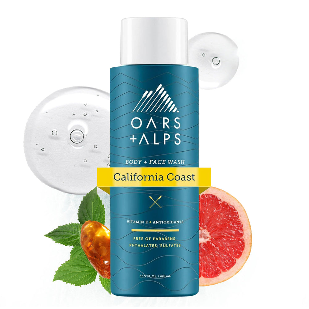 Oars and Alps Body Wash California Coast bottle front view with refreshing citrus scent for daily cleansing.