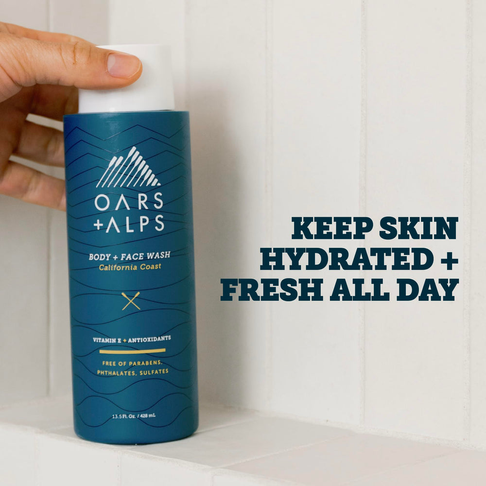 Oars and Alps Body Wash California Coast bottle pump close-up highlighting rich lather.